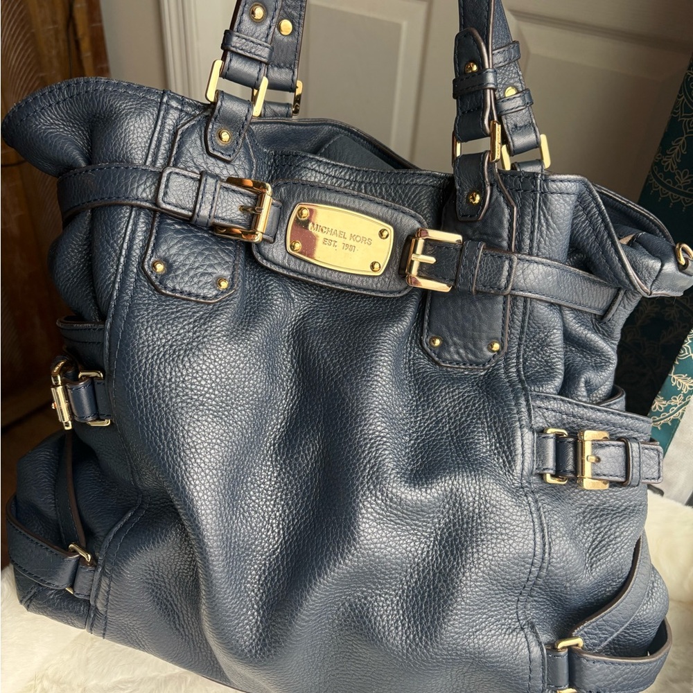 Michael Kors Dark Blue Leather Tote with Gold Accents